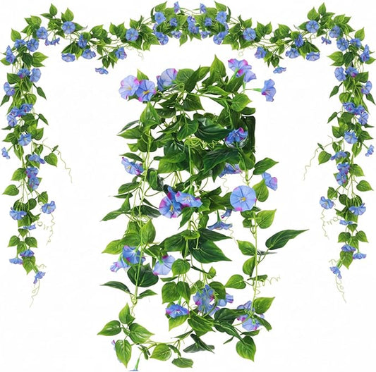 Hotop 6 Pcs 7.55 Ft Artificial Morning Silk Glory Vines for Outdoor Fake Hanging Flowers Plants Faux Silk Morning Glory Flower Garland Long Vines for Wall Fence Indoor Wedding Banquet Decor(Blue)