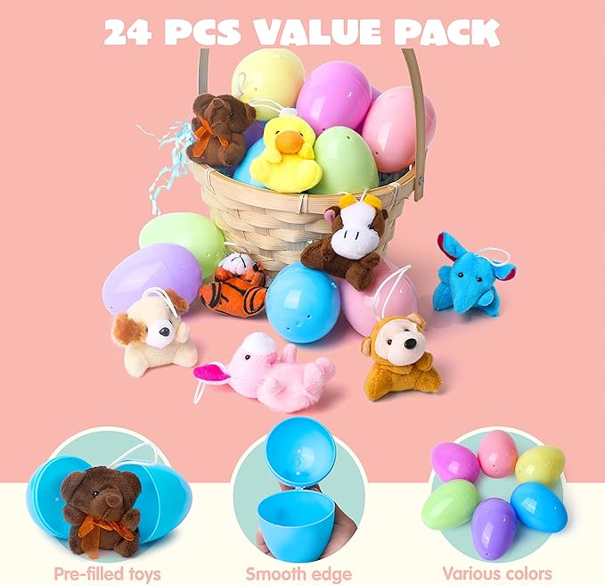 JOYIN 24 Pack Prefilled Easter Eggs of Mini Stuffed Animal Plush Toys Baster Stuffer Filler for Kids Easter Egg Hunt Game, Classroom Prize Supplies