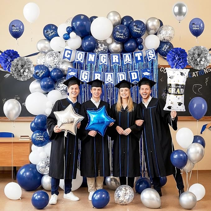 Graduation Party Decorations Pink, Congrats GRAD Banner Paper Pompoms Blue Fringe Curtain Backdrop Silver Star Foil Balloons Navy Blue Latex Balloon for Graduation Class of 2026 Decorations