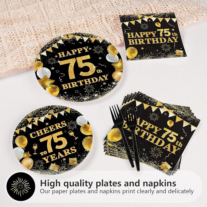 Grencian 96PCS 75th Birthday Party Decorations 75th Birthday Plates and Napkins Disposable Paper Tableware Set for Men Women Cheers to 75 Years Old Party Supplies, Serves 24