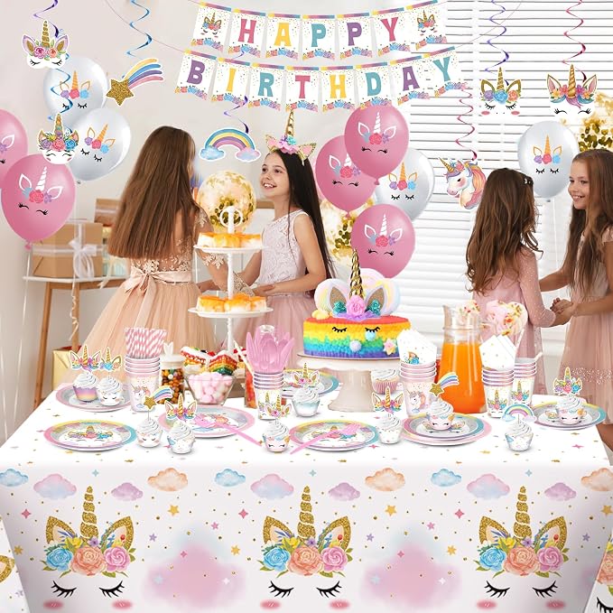 Unicorn Birthday Decorations, Unicorn Party Decorations, Rainbow Birthday Decor for Girls, Includes Plates, Cups, Napkins, Banner, Tablecloths, Balloons, Cupcake&Cake Topper serve 24 Guests