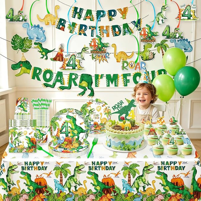 Watercolor Dinosaur 4th Birthday Party Supplies Roar Im 4 Dinosaur Party Plates Cups Napkins Hanging Swirls Banner Tablecloth Straws forks for Boys Dinosaur T-Rex Roar 4th Party Birthday Decorations