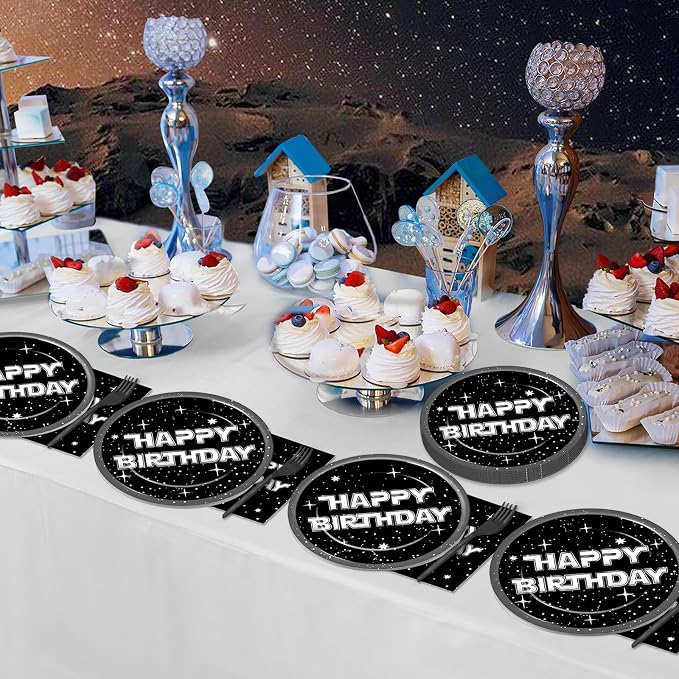 100Pcs Stars Birthday Party Decoration Galaxy Universe Plates and Napkins Space Theme Paper Plate Supplies for Outer Spaces Disposable Tableware Dinnerware Set Baby Shower Night Sky Decor for 25 Guest