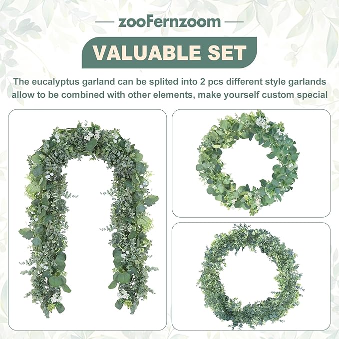 Eucalyptus Garland for Table, 6ft Faux Eucalyptus Garland with White Flowers & Seeds, 2pcs Artificial Eucalyptus Greenery Vines for Wedding Party Table Runner Backdrop Arch Mantle Handmade Wreaths