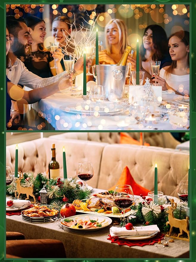 Funtery 48 Pcs Flameless LED Taper Candles Battery Operated Candles Bulk Realistic LED Candlesticks Flickering for Wedding Church Party Home Decor(Green,11 Inch,Classic Style)