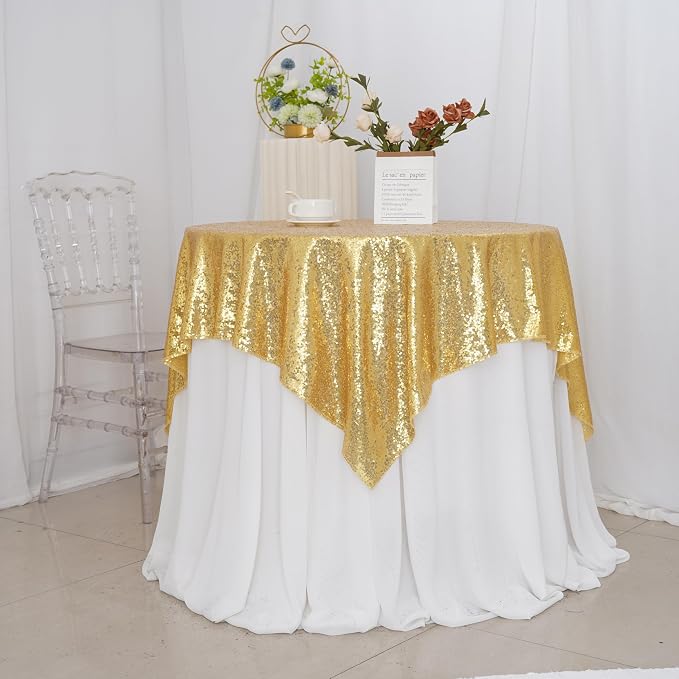 Poise3EHome Gold Sequin Tablecloth 90×90 Inch Square Sequin Fabric Table Cover Overlay for Baby Shower Birthday Party Wedding Christmas Holiday Cake Table Decoration
