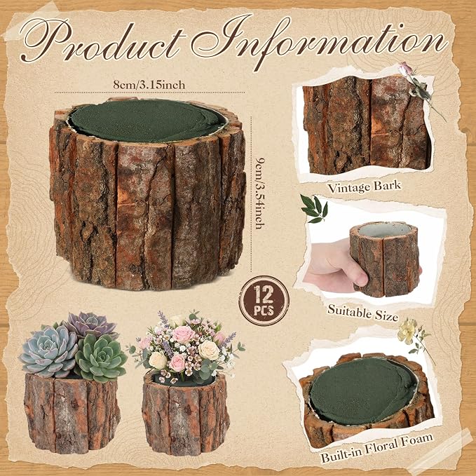 12 Set Wooden Vase for Centerpieces Wedding Flower Table Centerpieces Decor Rustic Bark Stump Bucket Farmhouse Wood Planter Pot for Woodland Party Window Home (Flower Foam,Small)