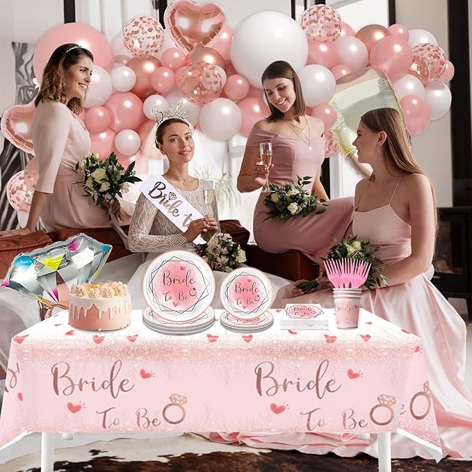 180Pcs Bachelorette Party Decorations,Pink Rose Gold Decor,Bridal Shower Party Supplies Balloon Arch,Bride To Be Party Favors Tableware Set Plates Fork Cups Napkins Tablecloth,Sash,Vail,Tiara