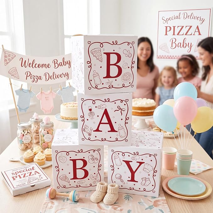 Vicenpal Special Delivery Pizza Baby Shower Boxes with Letters for Baby Shower Decorations Italian Pizza Gender Reveal Decoration Photo Prop Set of 4 Birthday Party Favors