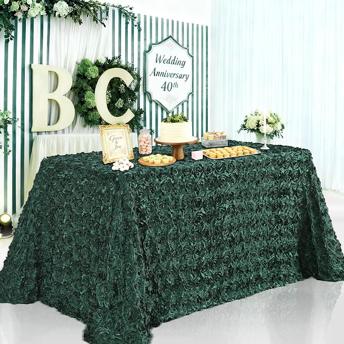 B-COOL Dark Green Rosette Tablecloth Rectangular Satin Table Covers 90x156 Inch 3D Floral Table Overlay for Party Wedding Holday Prom Ceremony Decor