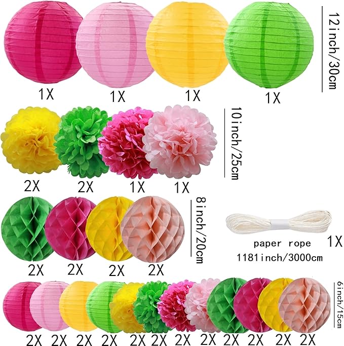 WOLHOWLTD Hawaii Luau Theme Paper Decoration Set - 42Pcs Paper Lanterns,Pompoms,Honeycomb for Wedding,Summer Aloha Party,School Day,Bridal Shower,Birthday Party Decoration(Rosy Pink Yellow Green)