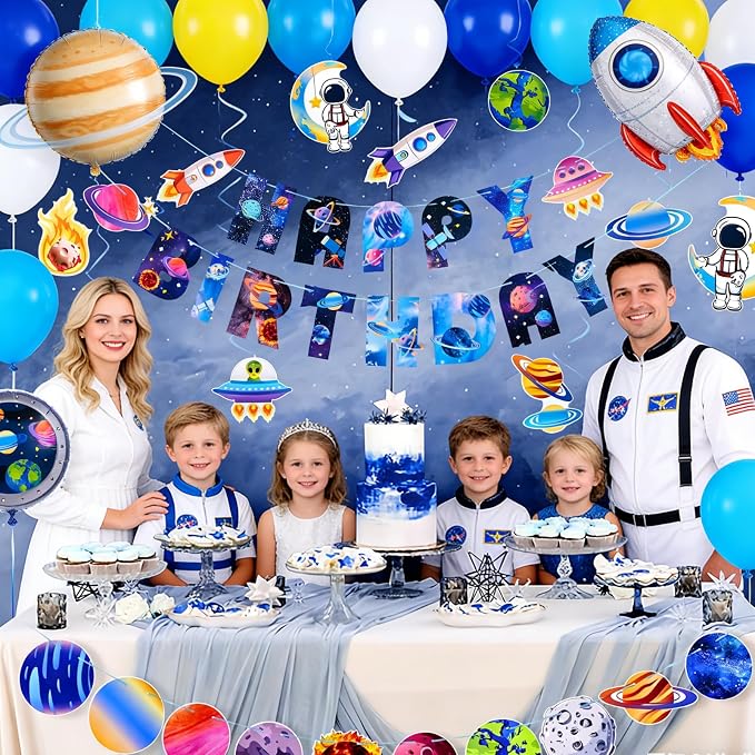SUNBEAUTY Solar System Birthday Party Decorations Outer Space Happy Birthday Banner Planet Rocket Astronaut Hanging Swirls for Kids Boy Baby Shower First Trip Around The Sun School Supplies