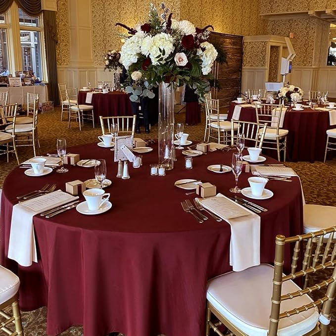 Pesonlook 8 Pack 120 Inch Burgundy Round Table Cloths, Premium Polyester Round Tablecloth Wrinkle Resistant Washable Table Cover for Wedding, Party, Dining,Banquet,Buffet