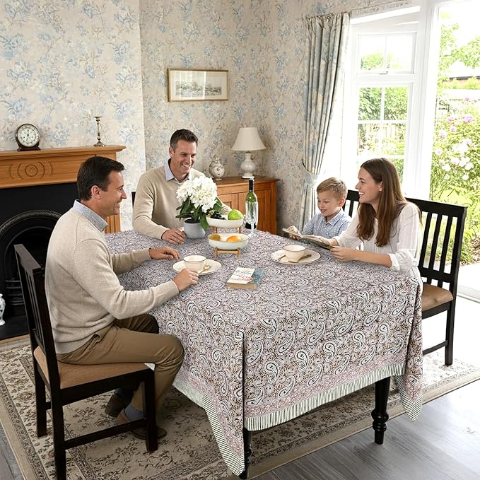 Ridhi Royal Beige Hand Block Print Cotton Rectangle Tablecloth 108" x 60" inches Reusable Table Cover Decorative Everyday Use for Dining Room, Farmhouse, Home Gift for Spring, Mother's Day