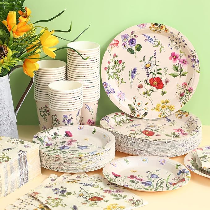 Ziliny 250 Pcs Wildflower Party Decorations Include Spring Summer Floral Paper Plates Napkins and Cups for Wildflower Baby Shower Tea Decorations, Serve 50 Guest(Multicolor,Rustic Style)