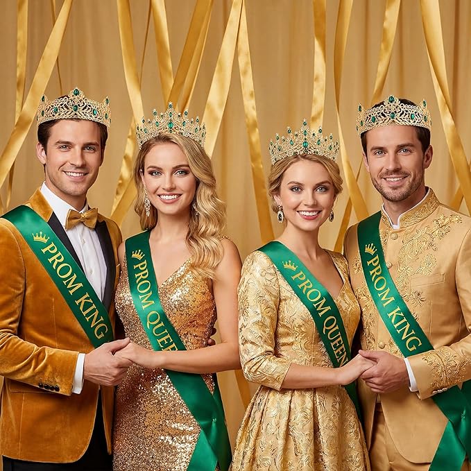 Retrowavy 4 Pcs Prom King and Queen Crown Set with Sashes Prom King Queen Sash and Tiara Set for 2026 Grad Birthday Carnival Wedding Costume Accessories(Dark Green)