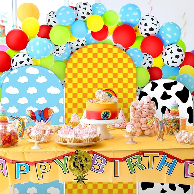 Foilswirl 34 Pieces Toy Themed Birthday Party Decorations Arch Backdrop Covers 4ft 5ft 6ft Spandex Arch Backdrop Cover Cow Blue Sky Cloud Print Balloons Inspired Birthday Cartoon Themed Party Decor