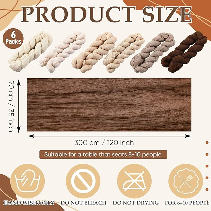 6 Pcs Brown Cheesecloth Table Runner Boho Gauze Cheese Cloth Runner 118" Rustic Table Decor for Sunset Party Thanksgiving Fall Wedding Bridal Baby Shower Birthday Home Arbor Decor