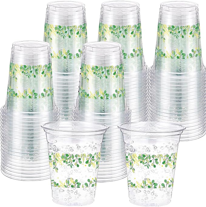 Funnymoom 60 Pack Eucalyptus Baby Shower Cup 12 oz Sage Green Disposable Clear Plastic Cups for Greenery Baby Shower Wedding Birthday Gender Reveal Party Decoration Supplies