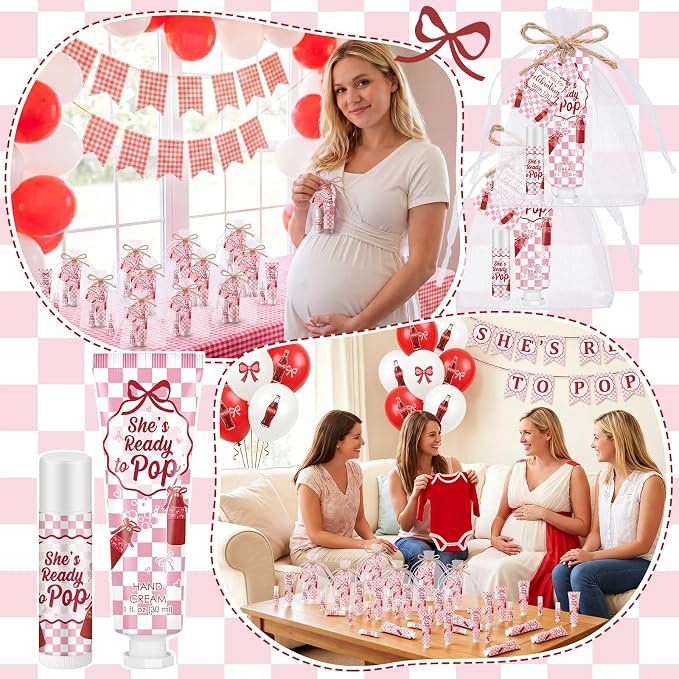 Lounsweer 24 Sets She's Ready to Pop Baby Shower Hand Cream and Lip Balm Gift Red White Checkered Baby Shower Party Favors for Guest Travel Size Hand Lotion Gender Reveal Newborn Party Supplies
