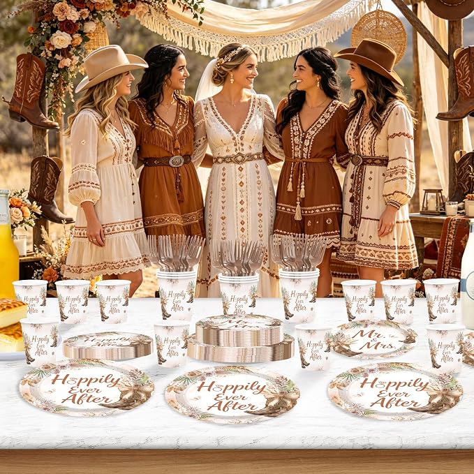 250Pcs Boho Cowgirl Bridal Shower Party Supplies Cheers to Love Laughter and Happily Ever After Plates and Napkins Tableware Set Wedding Decorations for Western Engagement Mr and Mrs Party Serve 50