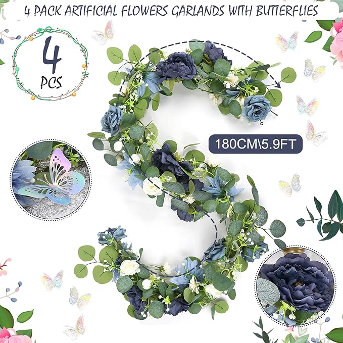 Eucalyptus Garland with Flowers - 4 Pack 5.9 FT Fake Flower Garland with Butterflies Faux Rose Greenery Garlands for Wedding Table Backdrop Arch Centerpieces Decorations - Navy Blue