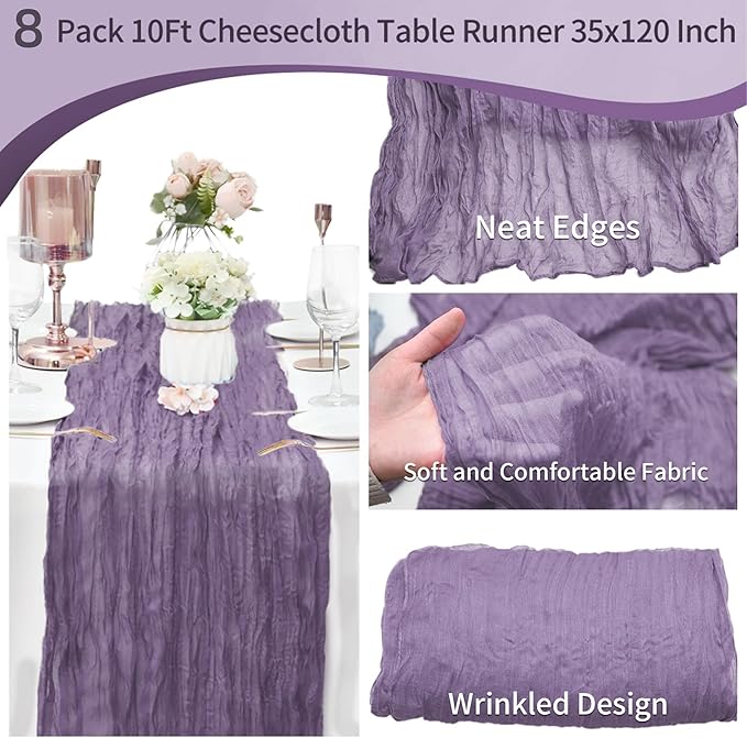 8 Pack Grape Purple Cheesecloth Table Runner 10Ft Gauze Cheese Cloth Table Runner 35 x120Inch Romantic Boho Table Runners for Wedding Bridal Baby Shower Birthday Party Banquet Event Anniversary Summer