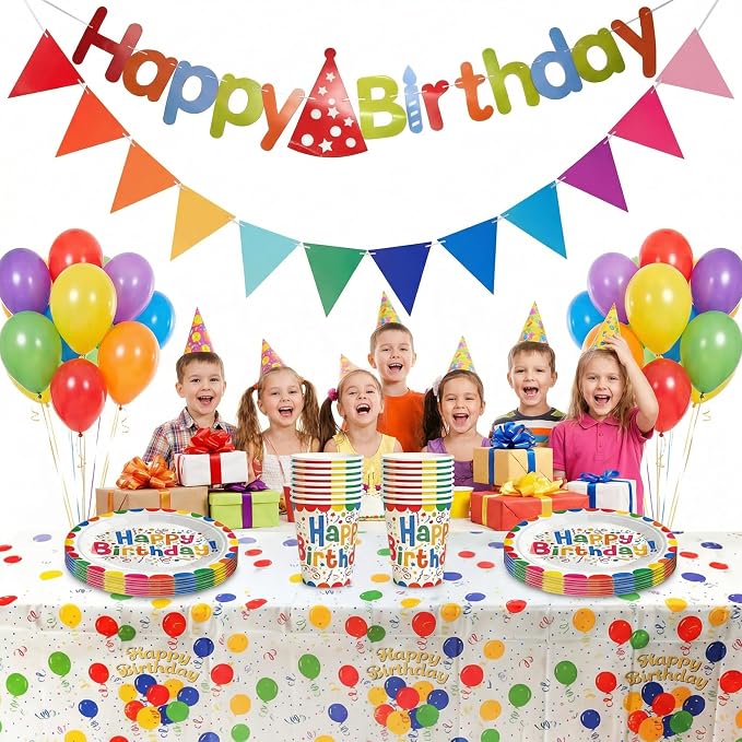 ElZGunara 63Pcs Birthday Party Supplies Set - Includes Plates, Cups, Waterproof Tablecloth，Happy Birthday Banner, Bunting Banner，Colorful Decorations for Boys Girls Serves 20