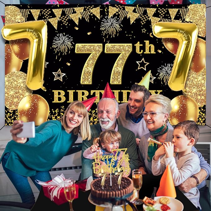 77th Birthday Decorations Men Women with 77th Birthday Banner, Black and Gold Table Cloth, Number Balloons, Sash, Cake Topper and Candles