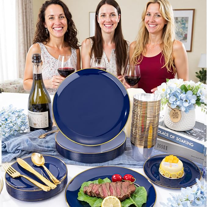 WDF 150pcs Blue plastic Plates - Navy Blue Plates Disposable 25guest Disposable Dinnerware Sets for Party/Wedding/Birthday