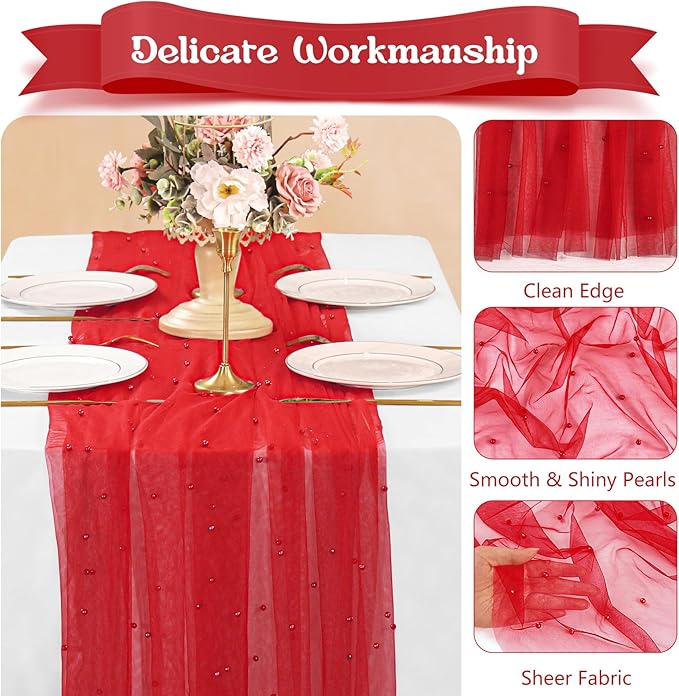 Fivenl 12 Pack 10FT Pearl Table Runner 30x120 Inch Red Tulle Fabric Boho Rustic Sheer Table Runners Lace Table Cloth for Wedding Bridal Shower Birthday Party Arch Veil Dessert Table Decor (Red)