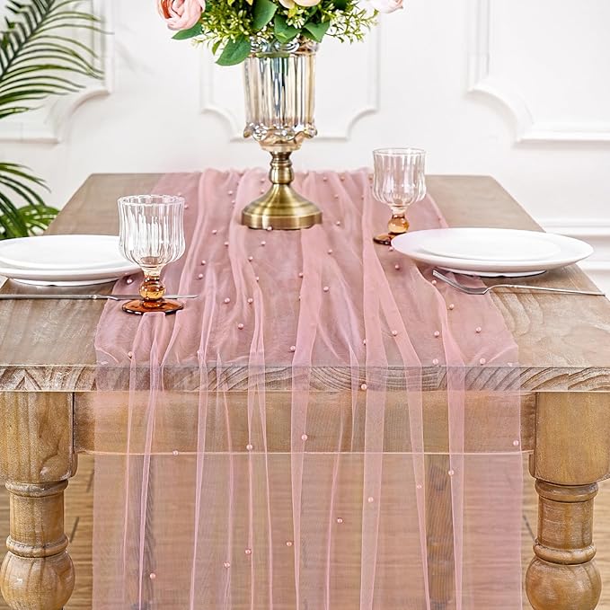 LuoluoHouse Pearl Table Runner Wedding Decor: 10ft Pearl Table Cloth 29x120 Inch Tulle Chiffon Fabric for Decortions Birthday Party Dining Table Cover (Dusty Pink)