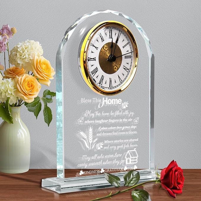 Housewarming Gifts for New Home, Engraved Crystal Glass Clock with Blessing Words, Elegant Home Decoration for Desk, Office, Bedroom - Unique House Warming Gift for Women, Men, Couples, Family
