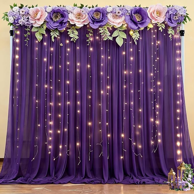 20 x 10ft Purple Chiffon Backdrop Curtain with Lights String for Parties,4 Panels Sheer Tulle Curtain Wedding Backdrop for Baby Shower Birthday Party Ceremony Reception Home Decorations