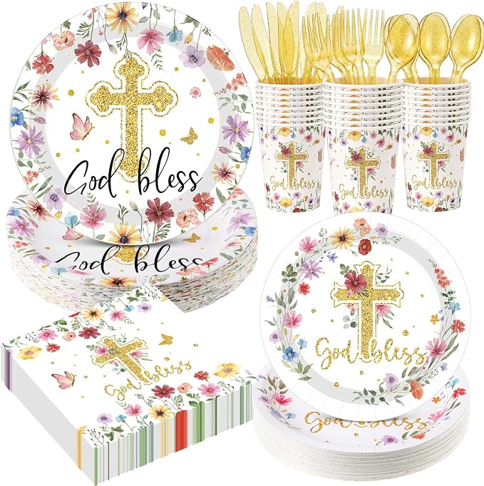 400 Pcs God Bless Flower Baptism Party Decoration Girl for 50, First Communion Confirmation Paper Plates Napkins Cups Cutlery Baptism Tableware for Christening Baby Shower Party Supply