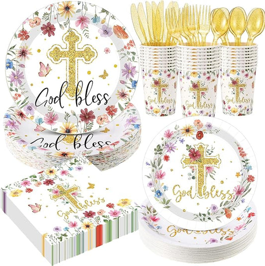 400 Pcs God Bless Flower Baptism Party Decoration Girl for 50, First Communion Confirmation Paper Plates Napkins Cups Cutlery Baptism Tableware for Christening Baby Shower Party Supply