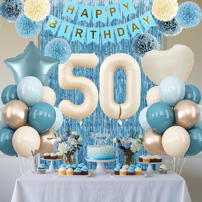 Dusty Blue 50th Birthday Party Decorations for Women Men Beige Cream Number 50 Balloon with Blue Gold Happy Birthday Banner Fringe Curtain Paper Pom Poms Nude White Sand Champagne Star Foil Balloons