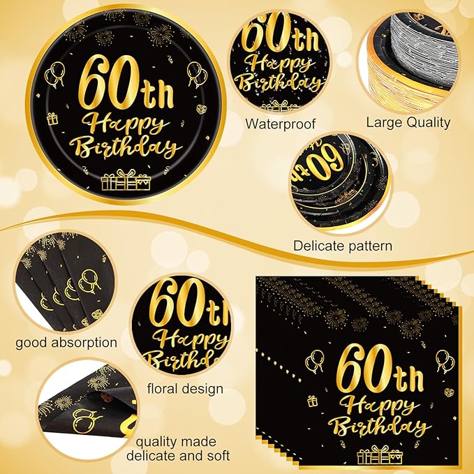 Funnymoom 452 Pcs 60th Birthday Party Decoration Supplies Black and Gold 60th Birthday Paper Plates and Napkins Cups Tablecloth Cutlery Straws Disposable Tableware for Cheers to 60 Years Anniversary