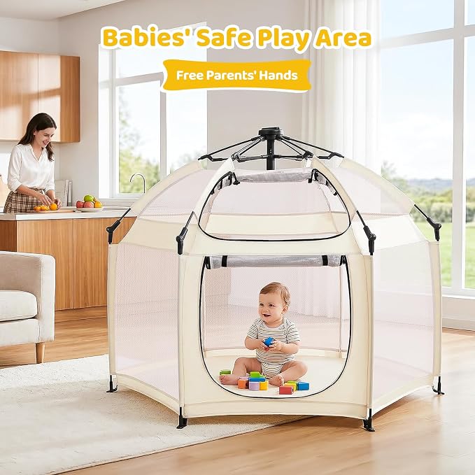 Dripex Pop Up Playpen w/t Built-in Pad & One-Click Safe Lock, Foldable Indoor/Outdoor Baby Playpen w/t Removable Canopy &Roll-Up Door & Top Mesh Window, Travel Pop and Go Beach Play Pen for Baby Beige
