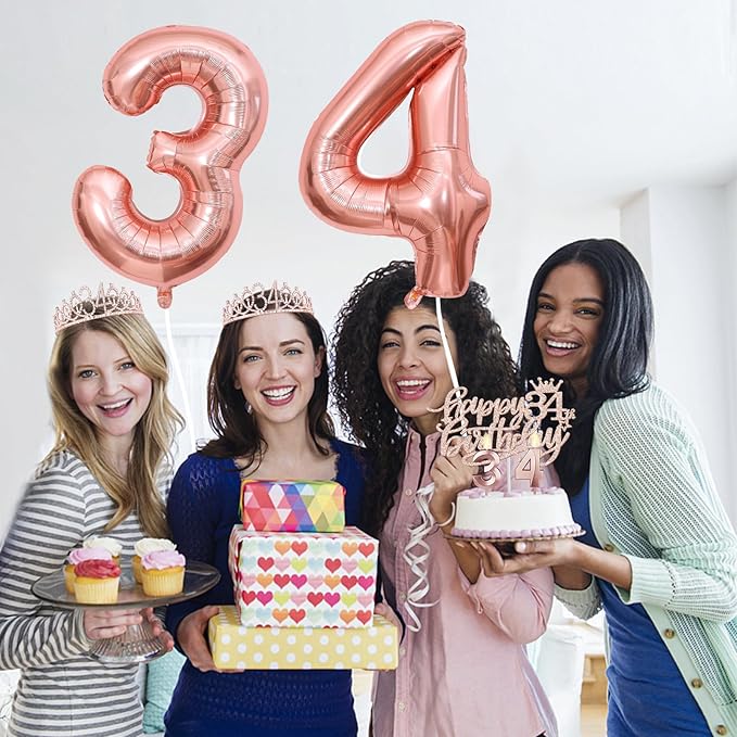 34th Birthday Decorations for Women, Including 34th Birthday Sash and Tiara, Cake Topper and Candles, Number Balloons, 34 Year Old Gifts for Women