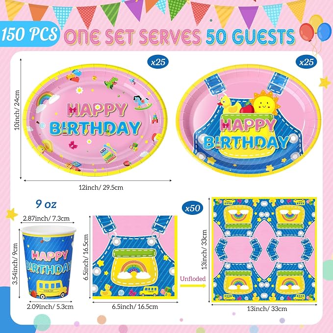 Vesici 150 Pcs Cartoon Birthday Oval Paper Plates and Napkins Set-serves 50, Cartoon Teacher Party Supplies 10'' x 12'' Large Disposable Heavy Duty Plate English Teacher Tableware for Birthday Party