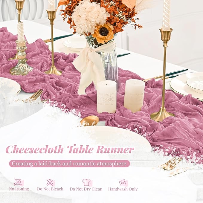 12 Pack Dusty Rose Cheesecloth Table Runner, 10FT Cheesecloth Rustic Boho Table Runner Long Romantic Semi Sheer Table Runner for Wedding Birthday Bridal Shower Party Decorations(21.5×120 Inch)
