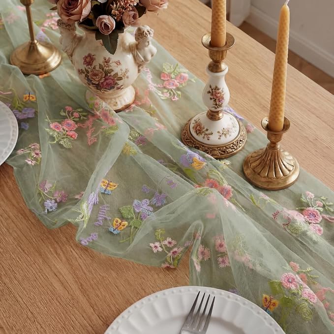 Sage Green Floral Table Runner 10ft Embroidery Tulle Spring Wildflower Table Runner Seasonal Summer Butterfly Kitchen Dining Gauze Decoration for Wedding Baby Shower Birthday Party (1 Pcs)