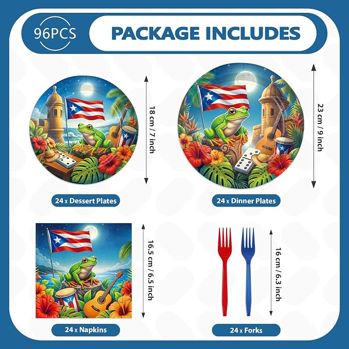 96Pcs Puerto Rico Party Decoration Flag Frog Plates and Napkins Coqui Frog Tableware Set for Puerto Rico Holiday Family Gathering Birthday Fiesta Theme Party Supplies, Serves 24
