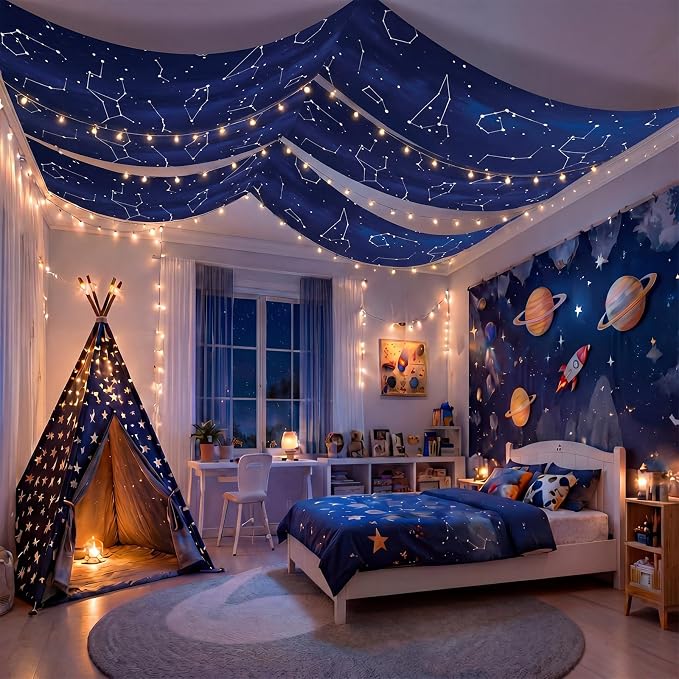 VioraWhite Galaxy Space Party Decorations Ceiling Decorations Galaxy Themed Ceiling Covers 24 Inch x 12 ft for Outer Space Birthday Alien Party Classroom Home Photo Booth Night Star Decor