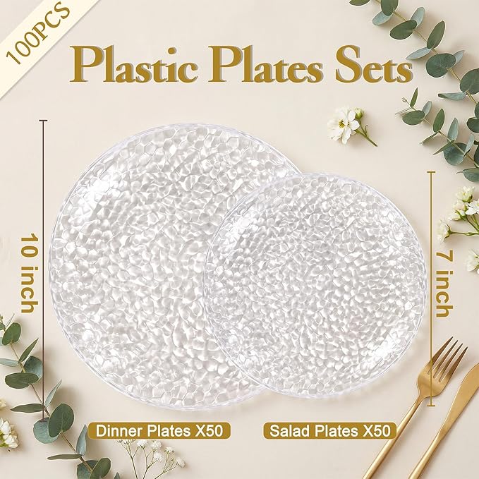 Rubtlamp 100Pcs Clear Plastic Plates, Heavy Duty Party Plates, Hammered Disposable Plates Include 50 Clear Fancy Dessert Plate, 50 Dinner Plate for Wedding Party