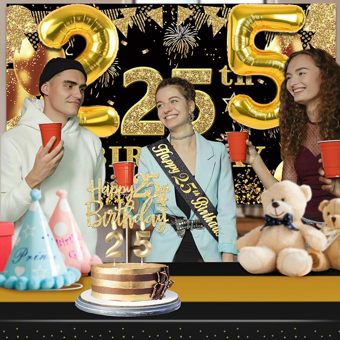 25th Birthday Decorations Men Women with 25th Birthday Banner, Black and Gold Table Cloth, Number Balloons, Large Sash, Cake Topper and Candles