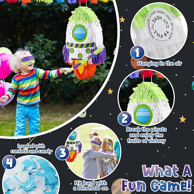 Libima Rocket Ship Piñata with Stick Blindfold Bat Confetti Spaceship Space Shuttle Piñata for Outer Rocket Space Astronaut Theme Birthday Party Supplies Decoration