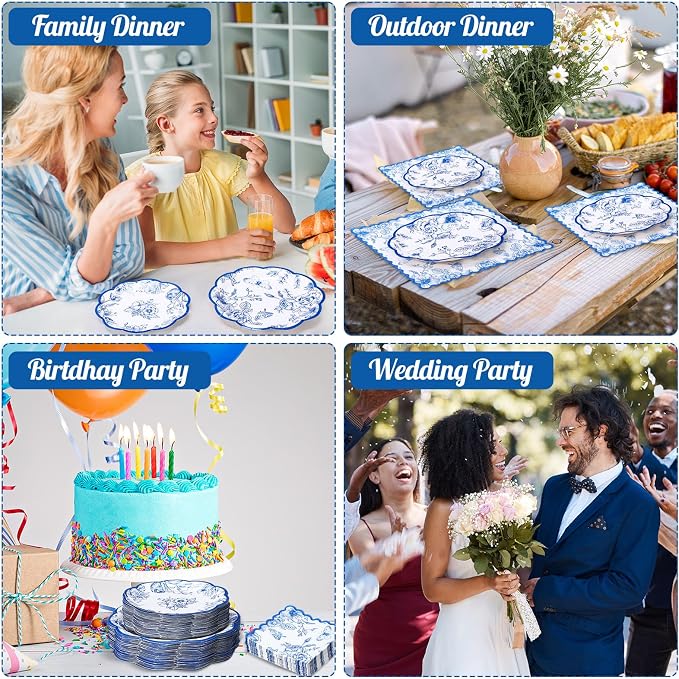 Funnymoom 200 Pcs Blue White Floral Party Tableware Flower Birthday Disposable Paper Dinner Dessert Plates Blue Floral Napkins for Baby Shower Bridal Shower Wedding Party Family Holiday 50 Guests