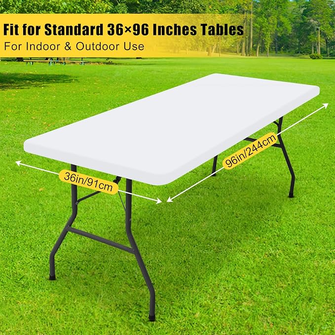 Smiry 3 Pack Rectangle Table Cloth, Elastic Fitted Flannel Backed Vinyl Tablecloths for 8ft Folding Tables, Waterproof Wipeable Table Covers for Indoor, Outdoor, Camping and Picnic (White, 36"x96")